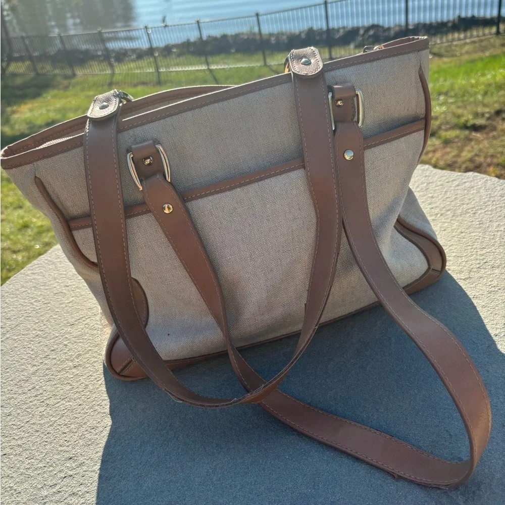 Etienne Aigner Canvas & Leather Tote Bag – Neutral Classic Shoulder Bag